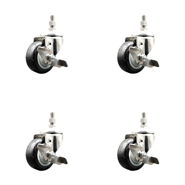 Service Caster 3.5 Inch 316SS Black Polyurethane Swivel 12mm Threaded Stem Caster Set Brake SS316TS20S3514-PPUB-BLK-TLB-M1215-4 - main
